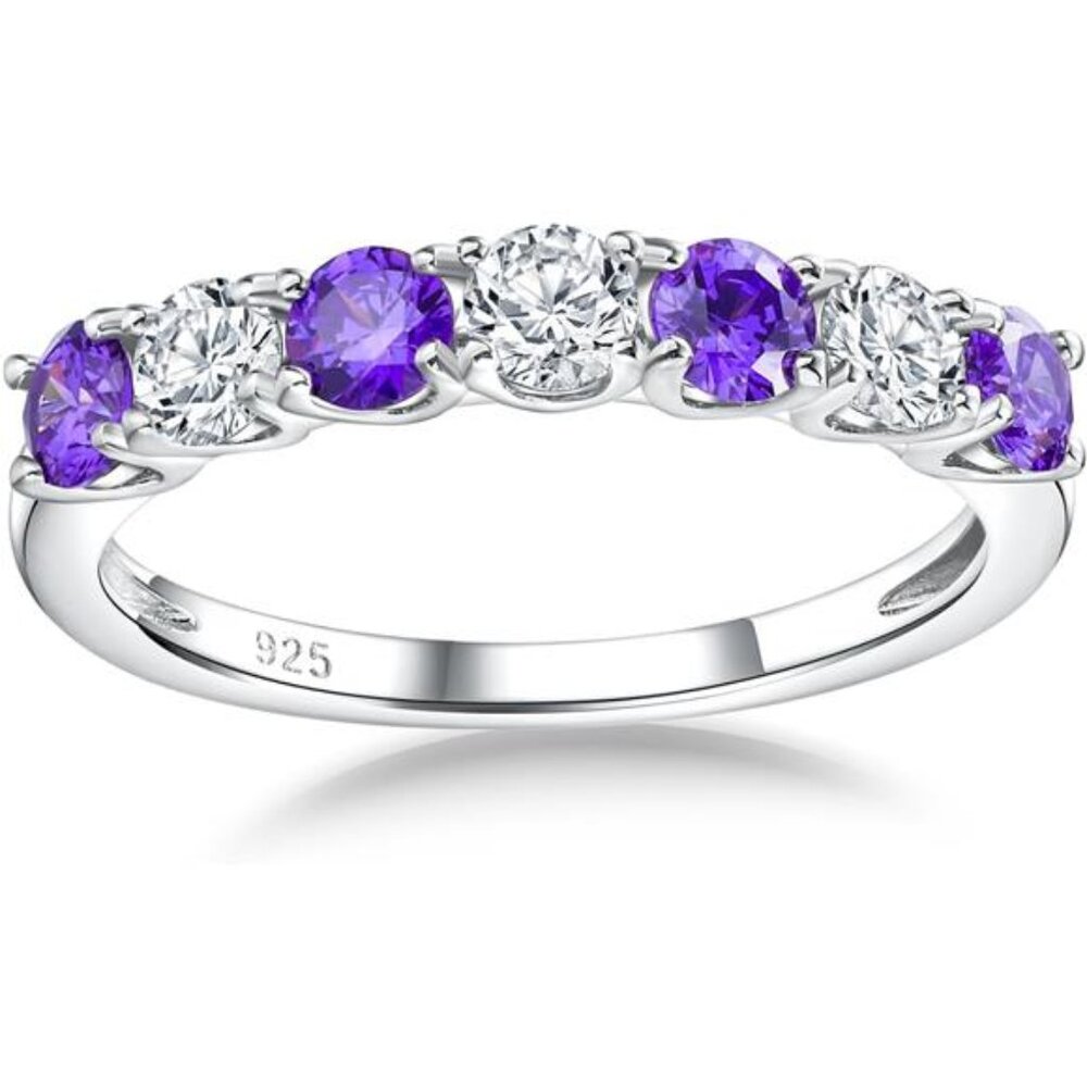 Amethyst & CZ Wedding Band Eternity Ring | 925 Sterling Silver | Birthstone